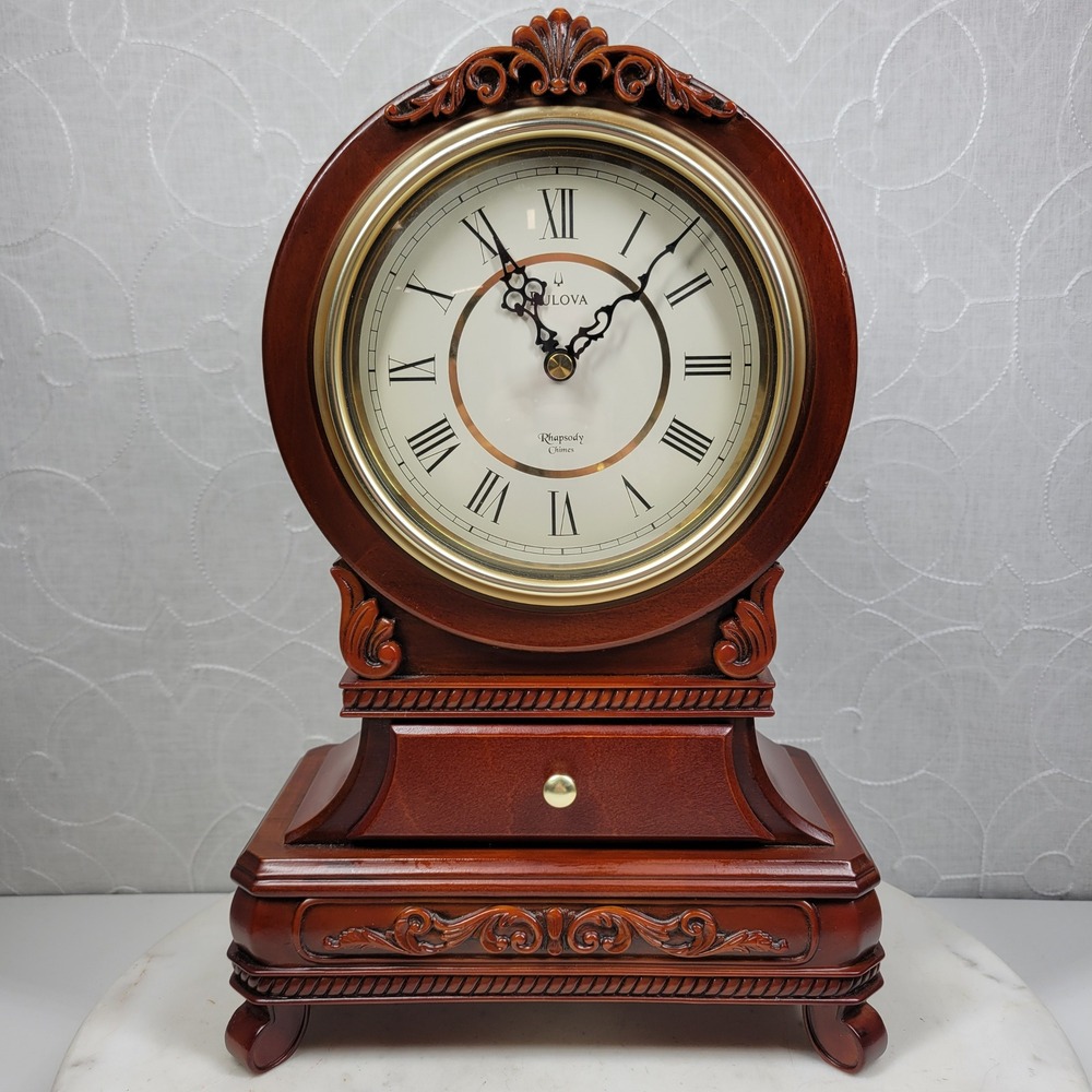 Bulova Rhapsody Mantel Clock Westminster Wood 3 Chime Battery Operated Drawer